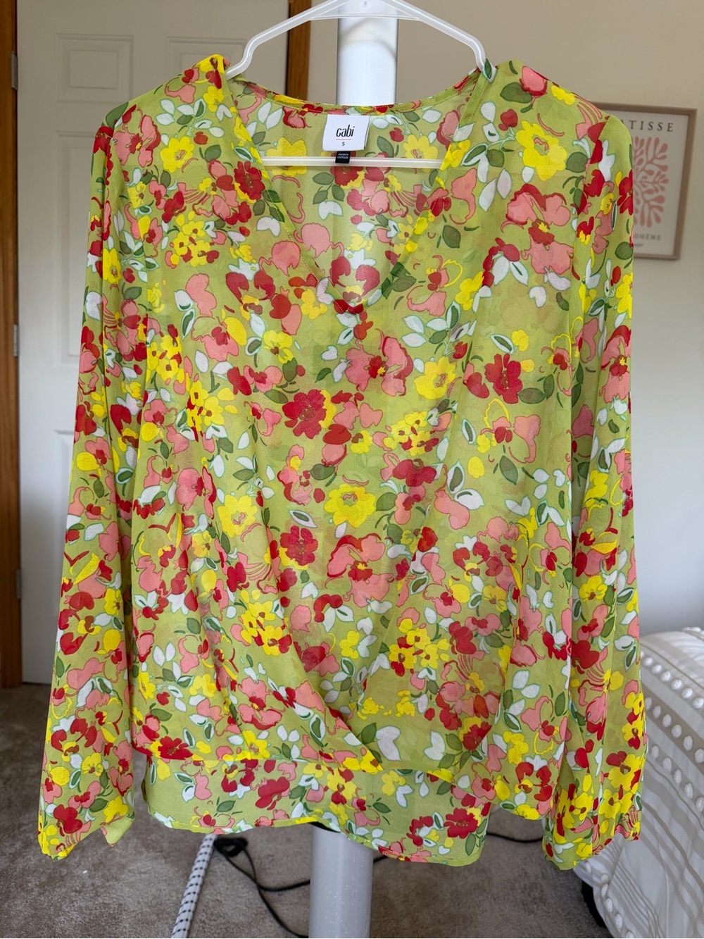 Cabi Floral Wrap-Front Blouse in Yellow Green